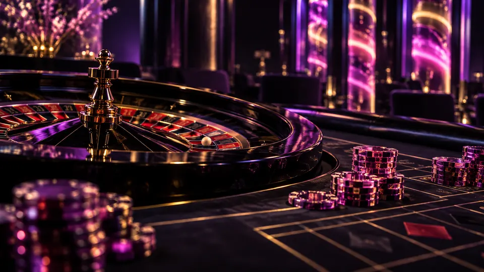 Roulette, Spielchips und abstrakte Casino-Lobby im NV-Stil