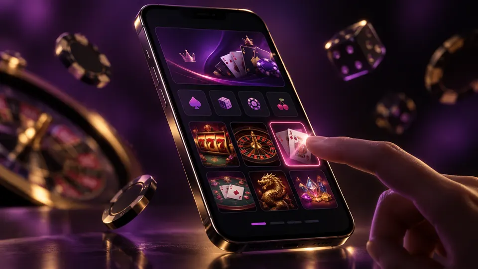 Smartphone mit abstrakter violetter Casino-Oberfläche